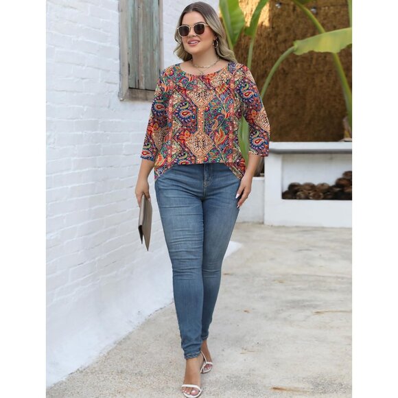 Plus Size Women's Blouse 3/4 Sleeve V-Neck Tunic Casual Elegant - Picture 3 of 5